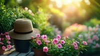 Straw hat resting on garden table with blooming pink petunias in terracotta pots against blurred natural background with warm sunlight and green foliage.