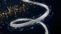 Aerial view of illuminated curved highway at night with golden bokeh lights and dark background, suitable for transportation and urban design projects.