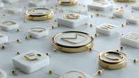 Ethereum cryptocurrency symbols and golden coins scattered on white surface with ETH logos and blockchain technology elements for digital finance.