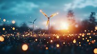 Wind turbines silhouetted against dramatic sunset sky with magical golden bokeh lights floating in foreground, renewable energy concept for sustainable future.