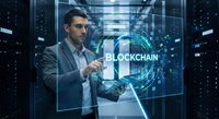 Professional businessman interacting with holographic blockchain interface in modern data center server room for cryptocurrency and digital technology concepts.