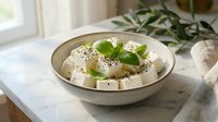 Fresh white cheese cubes with herbs and black pepper in ceramic bowl on marble counter for healthy Mediterranean cooking and meal preparation.