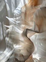 Ethereal abstract composition with flowing white and beige shapes creating dynamic movement, enhanced by soft shadows and light effects for modern interior decor.