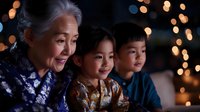 Elderly Asian grandmother sharing magical holiday moment with grandchildren, watching something bright with joyful expressions against bokeh lights background.