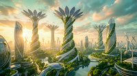 Futuristic eco-city with twisted biomimetic towers and palm-like structures at sunset. Sustainable urban architecture concept for environmental design.