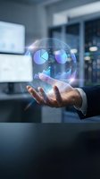 Businessman holding glowing holographic sphere with pie charts and financial data analytics in modern office environment for business intelligence and data visualization projects.