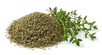 Dried thyme herb pile with fresh green thyme sprigs on white background. Culinary seasoning spice for cooking and food preparation isolated.