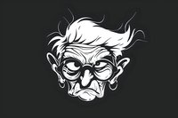 Grumpy elderly cartoon character face with glasses and messy hair on dark background, monochrome style illustration for mascot or character design.