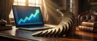 Laptop displaying upward trending neon graph on wooden desk with stacked coins and financial charts, symbolizing business growth and investment success.