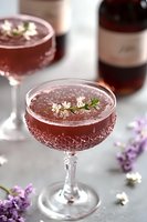Pink cocktail in crystal coupe glass garnished with delicate white flowers and herbs, soft lighting creates elegant mood for luxury beverage photography.