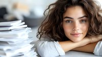 Young woman with curly brown hair and blue eyes resting chin on arms beside stack of papers, conveying contentment in study or work environment.