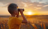 Young Caucasian boy in yellow t-shirt looking through binoculars at sunset in wheat field, golden hour nature exploration concept for childhood discovery and adventure.