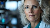 Confident mature female doctor with blonde hair and glasses wearing white coat and teal scrubs looking thoughtfully in modern medical facility. Professional healthcare portrait.