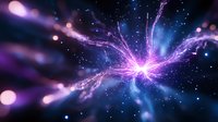 Cosmic energy burst with glowing purple and blue lightning streaks against starry space background, creating dramatic celestial light explosion effect.