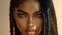 Young African American woman with striking blue eyes and braided hairstyle wearing natural makeup against neutral background, beauty portrait highlighting facial features.