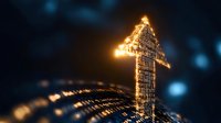 Golden digital arrow pointing upward made of glowing particles and data streams against dark blue background representing growth and success in technology.
