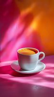 Fresh espresso in white cup on saucer with dramatic pink and orange lighting, casting geometric shadows on surface for modern food photography styling.