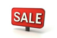 Red rectangular sign with white bold SALE text on stand against white background, isolated design element for retail and promotional materials.