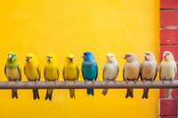 Colorful budgerigars perched in row on branch against vibrant yellow wall, one blue parakeet stands out among yellow and white birds, showing diversity concept.