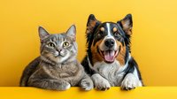 Gray tabby cat and tricolor Australian shepherd dog lying together against yellow background, looking at camera. Pet friendship portrait shows happy expression.