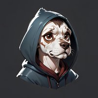 Anthropomorphic dog character wearing blue hoodie against dark background, stylized digital art portrait with expressive brown eyes and detailed facial features.