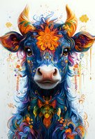 Colorful artistic cow portrait with ornate floral patterns and swirls in vibrant blue, orange, and purple hues against white background, featuring mystical details.