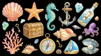 Nautical ocean sea life collection isolated on transparent background, featuring shells, starfish, seahorse, anchor, compass, sailboat, treasure chest, coral, octopus, and bottle. Ready for t-shirt design, clipart, stickers, and print-on-demand projects.