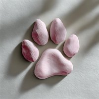 Pink dog paw print on white background with soft shadow. Minimalist pet care concept for veterinary clinics, grooming services and animal shelters.