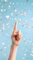 Hand pointing up with index finger against blue sky with falling golden and white confetti celebrating success and achievement.