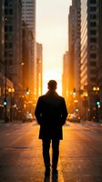 Silhouetted male professional standing centered on urban street at golden hour sunset, surrounded by tall skyscrapers and warm city lights, conveying ambition and leadership in corporate environment.