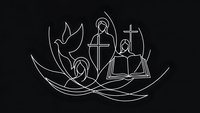White line art Christian symbols with dove, cross, Jesus figure and open bible on black background for religious design projects and spiritual content.