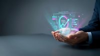 Businessman holding glowing digital health monitoring interface with heart icon and vital signs data, representing medical technology, healthcare innovation, and telemedicine solutions.