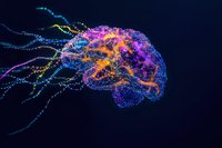 Glowing neural network in shape of human brain with colorful particle streams showing synaptic connections on dark background, representing artificial intelligence.