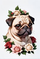 Adorable pug portrait surrounded by delicate roses in red and pink shades with green leaves on light background, artistic pet illustration for decorative use.
