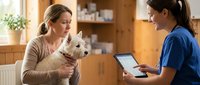 Caucasian woman holding small white terrier dog during veterinary consultation with female vet using tablet in modern clinic examination room.