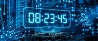 Digital countdown timer displaying 08:23:45 on futuristic blue circuit board background with glowing connections and data streams for tech presentations.