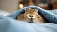 Curious rabbit peeking out from under soft blue blanket, close-up view of bunny nose and whiskers showing playful and cozy pet behavior. Perfect for animal care content.