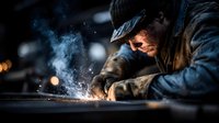 Focused male welder in protective gear working with metal, creating sparks in dark workshop environment with dramatic lighting and smoke effects.