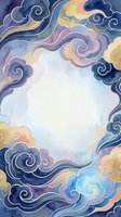 Watercolor swirling clouds frame with ornate spirals in purple blue yellow tones creating decorative border on white background for artistic design projects.