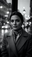Young professional woman in coat standing on rainy city street at night with bokeh lights. Black and white urban portrait for business and lifestyle concepts.