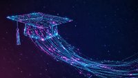 Digital graduation cap with glowing neon lines and particles on dark starry background. Futuristic education technology concept for online learning platforms.