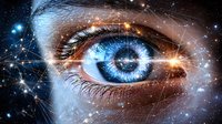 Macro shot of bright blue eye with cosmic space, stars and constellations overlay creating mystical universe effect. Digital art concept showing connection between human and cosmos.