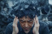 Asian man with dark rocks forming crown on head, expressing emotional distress and mental pressure against moody blue background. Conceptual mental health portrait.