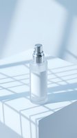 Clear glass cosmetic spray bottle with silver pump dispenser on white geometric platform with soft blue lighting and shadows for skincare product mockup.