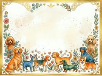 Adorable cartoon dogs border frame with floral elements and decorative corners on cream background for pet-themed designs and greeting cards.