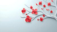 Coral red paper flowers bloom on delicate gray branches against white background, creating elegant floral wall art suitable for home decor and design projects.