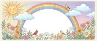 Whimsical rainbow frame with smiling sun, fluffy clouds and colorful flowers creating magical border for children's designs and spring themed projects.
