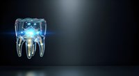 Tooth with glowing digital network core and light rays on dark background, representing dental technology, innovation, and oral healthcare advancement for medical and tech applications.