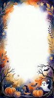 Halloween watercolor frame with pumpkins, ghost, witch hat, bats and autumn leaves on white background. Spooky seasonal border for invitations and cards.