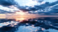 Dramatic sunset over calm ocean water with dark storm clouds reflecting on rippled surface creating mirror effect, golden sunlight breaking through cloudy sky.